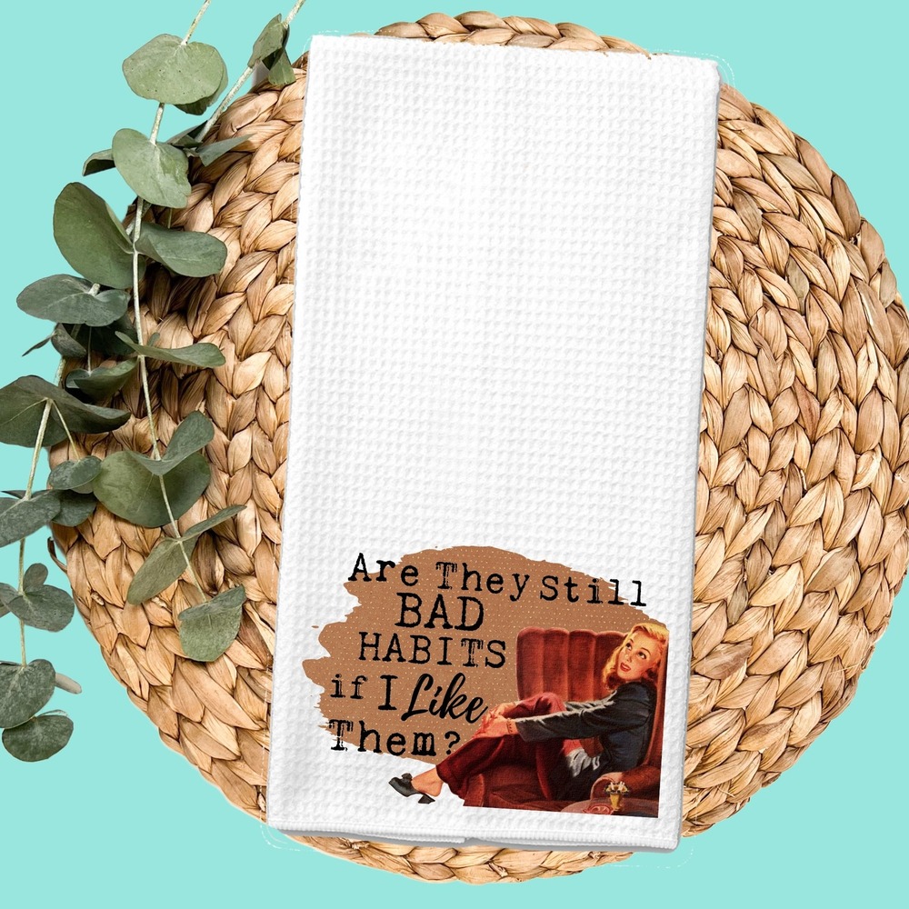 Vintage Style Bad Habits Waffle Weave Kitchen Towel White Funny Retro Graphic - Picture 5 of 9